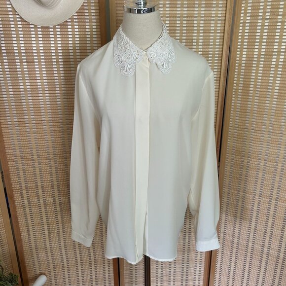 Vintage White Long Sleeve Blouse With Lace Peter Pan Collar K.B. Lawrence 100% P - Picture 1 of 8